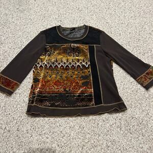 Tribal Sheer Velvet Burnout Top Sz M 90s Y2K Boho Artsy Chic Eclectic